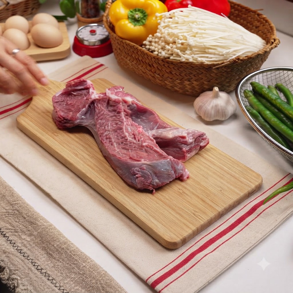 Sottili fette di manzo crudo tagliate su un tagliere di legno.