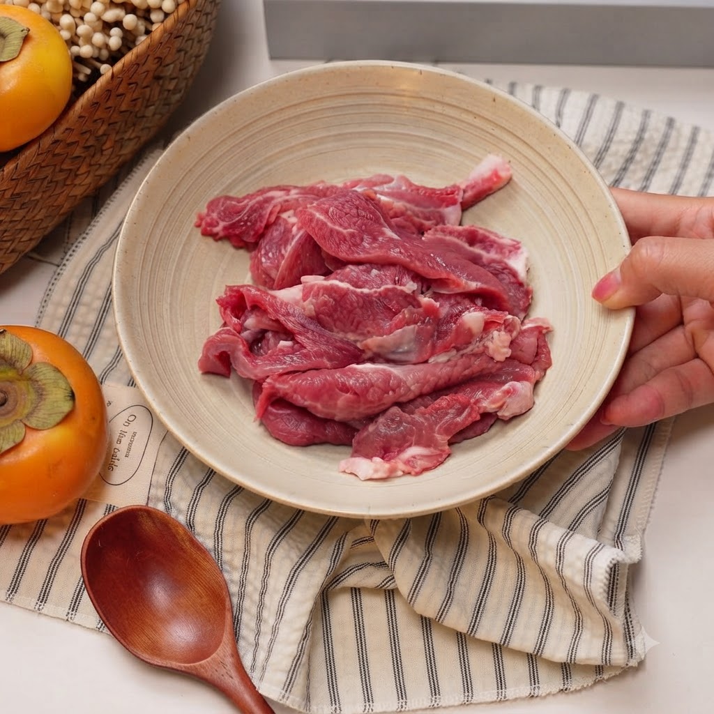 Fette di manzo crudo in una ciotola di ceramica con salsa di soia, vino da cucina e amido aggiunti sopra.