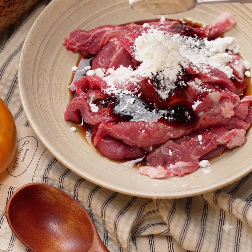 Una mano guantata che mescola la marinata nelle fette di manzo crudo allinterno di una ciotola.