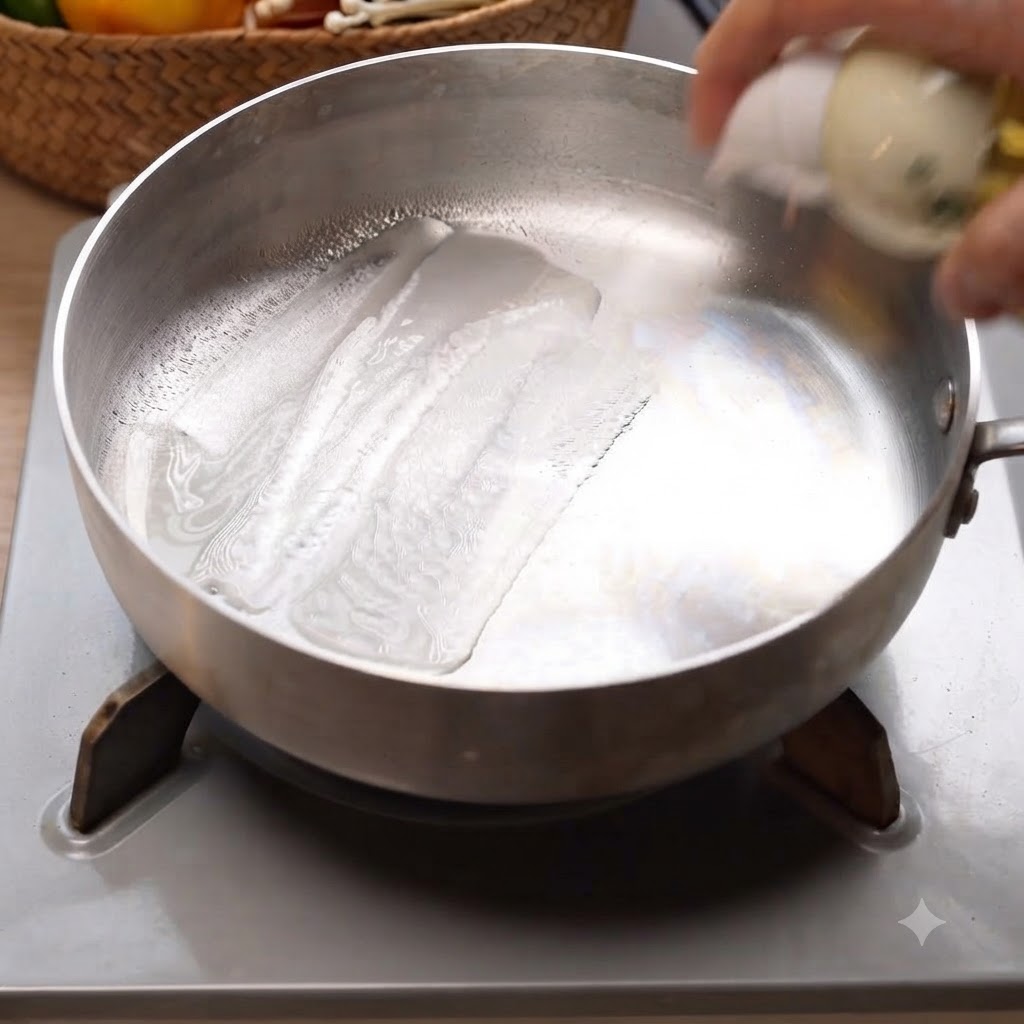 Fette di cipolla bianca saltate in una padella di metallo poco profonda con olio.