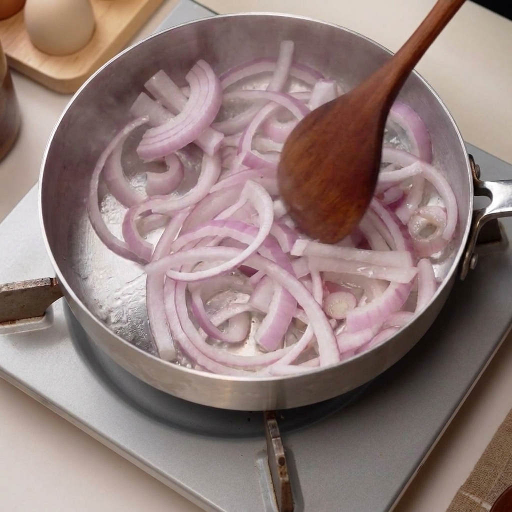 Fette di cipolla saltate in una padella calda.