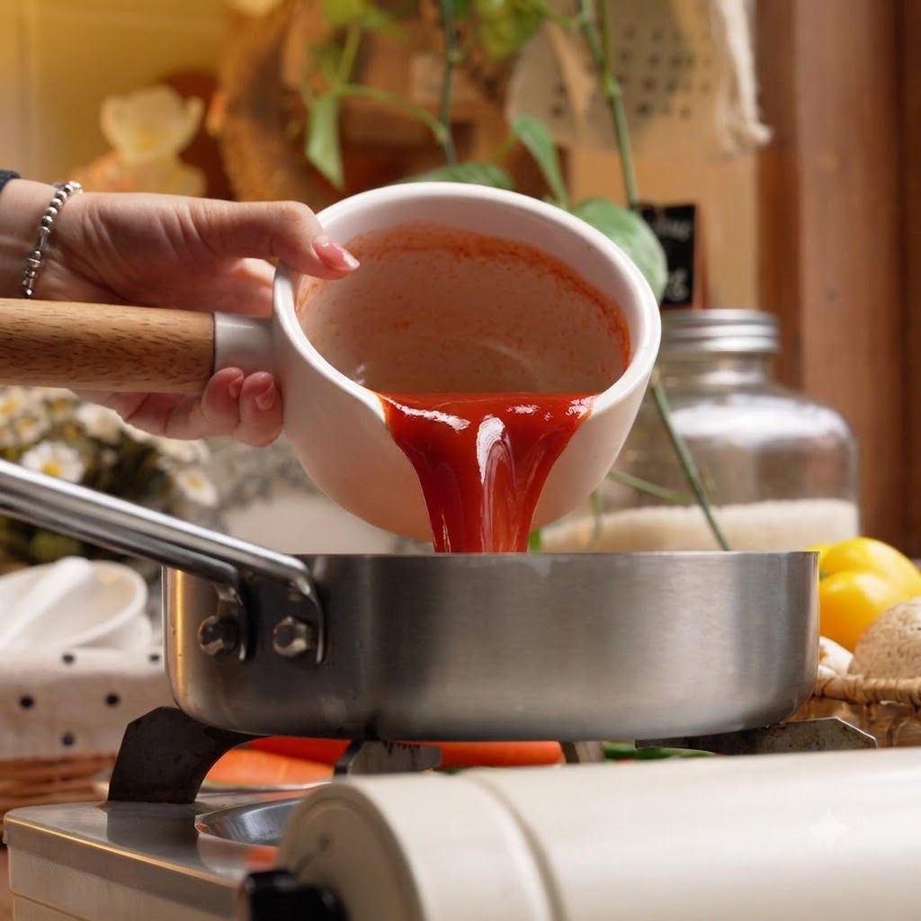 Denso sugo di peperoncino coreano rosso versato da una brocca di ceramica bianca in una padella.