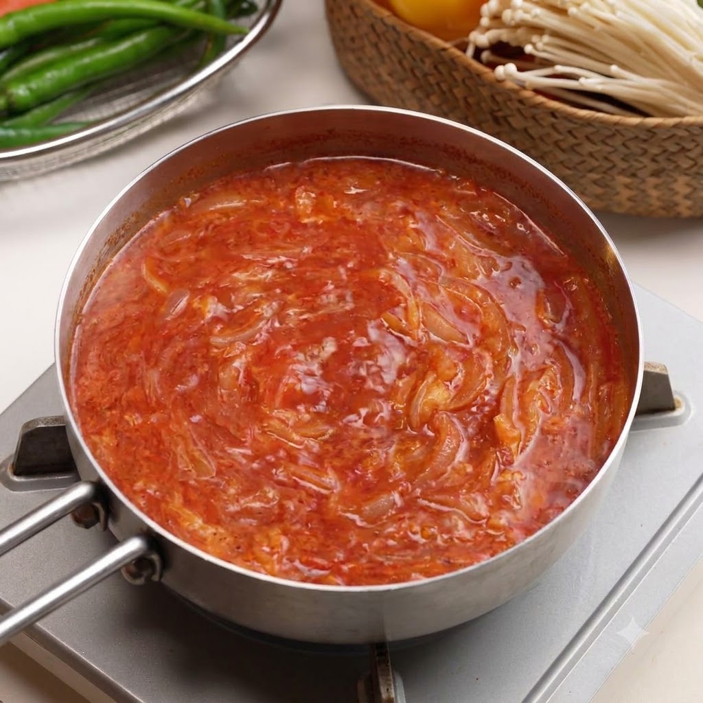 Una padella riempita con brodo di kimchi rosso sobbollente circondato da ingredienti freschi come funghi enoki e peperoncini.