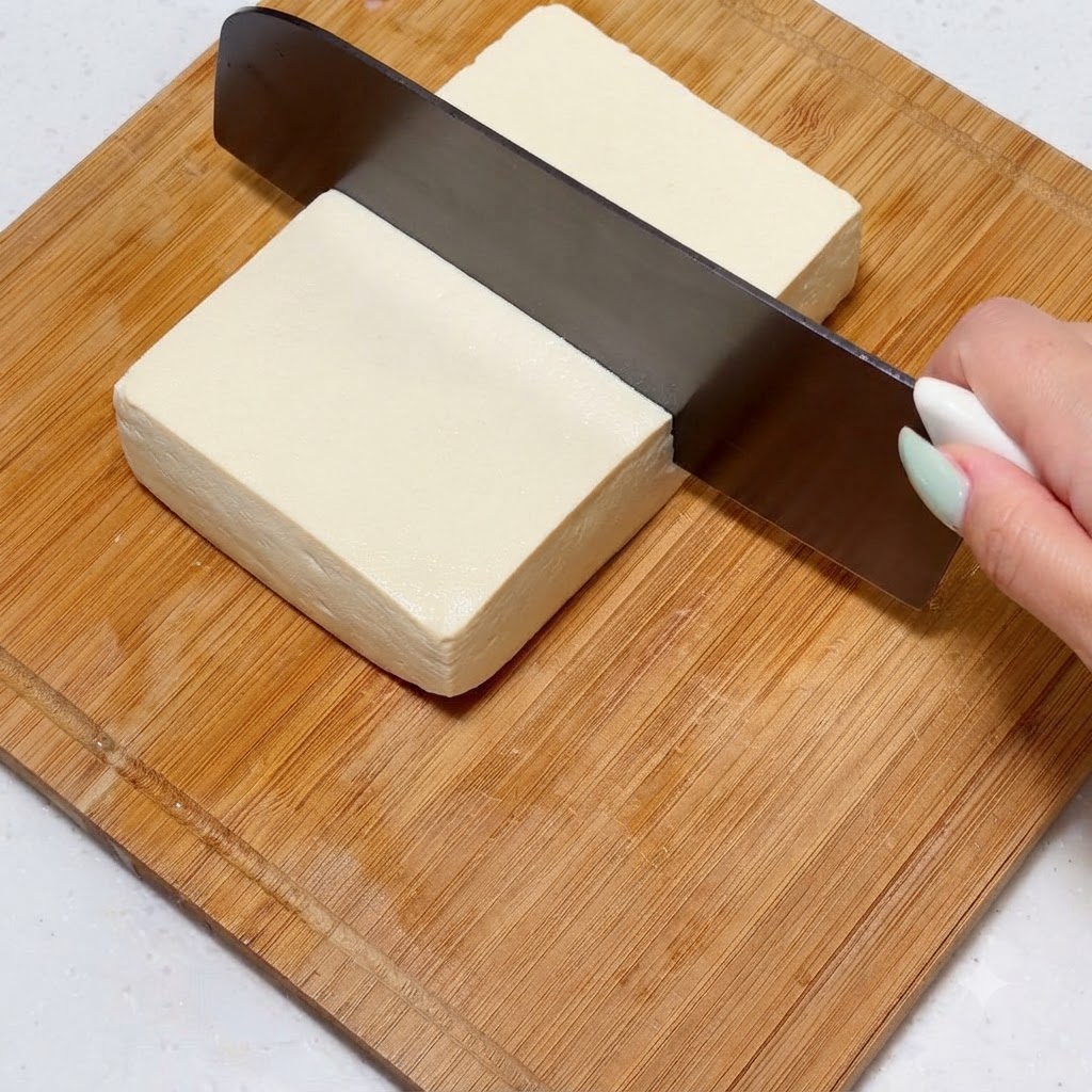 Un blocco di tofu compatto tagliato a pezzi uguali su un tagliere di legno.