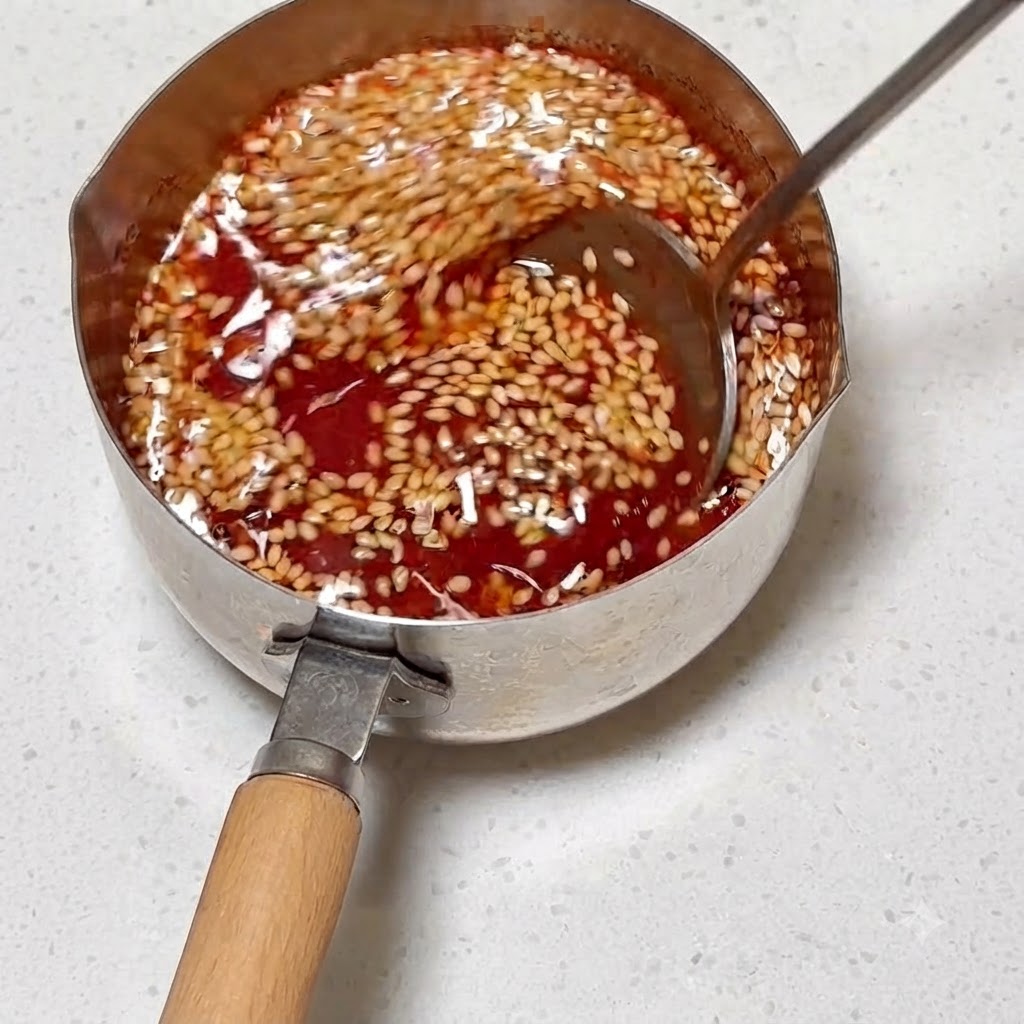 Gli ingredienti per la salsa mescolati insieme in un pentolino di metallo con un cucchiaio.