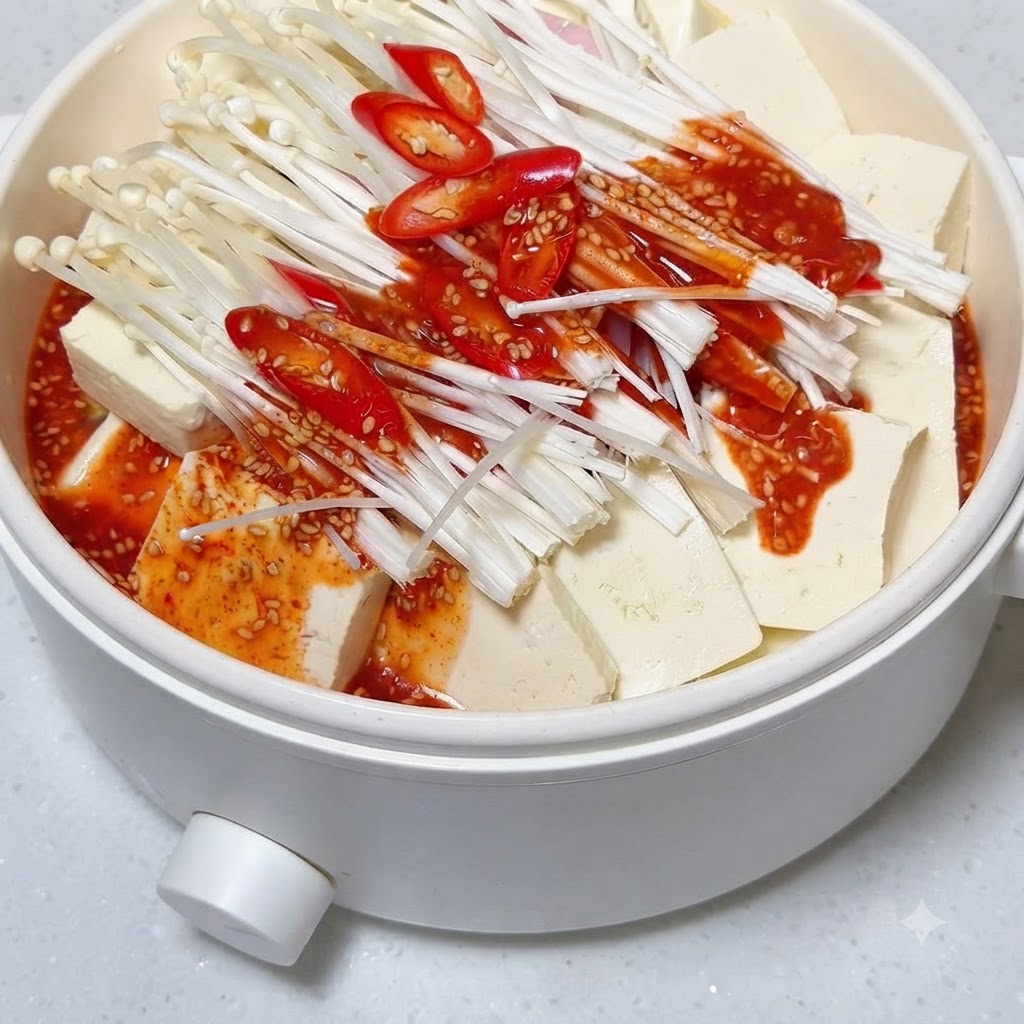 Salsa rossa speziata con semi di sesamo versata sopra il tofu e i funghi nella pentola.