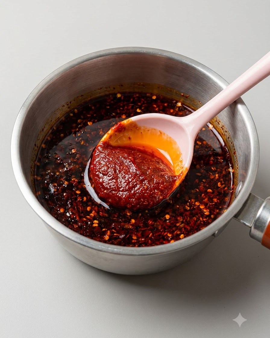 Un cucchiaio rosa che solleva un denso composto di salsa di peperoncino rosso brillante in una piccola padella di metallo.