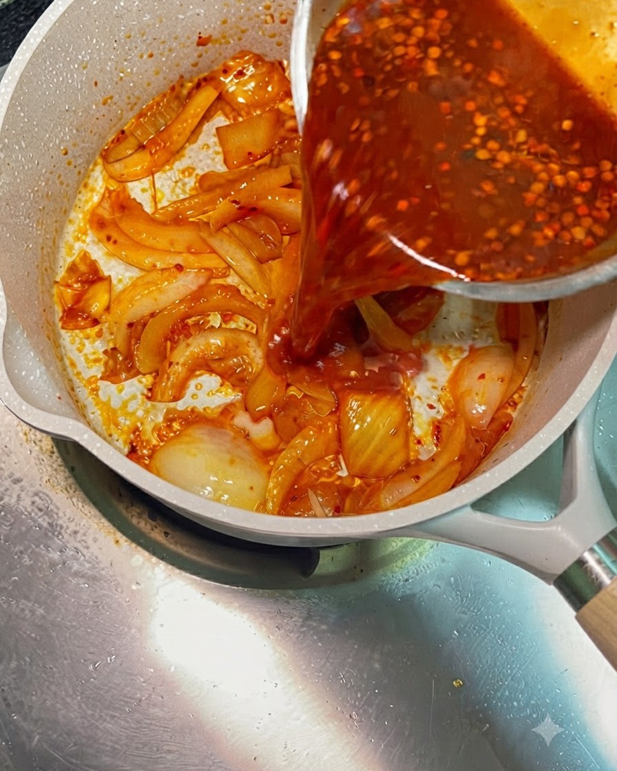 Salsa di peperoncino rosso versata da una ciotola dargento in una padella contenente cipolle saltate e kimchi.