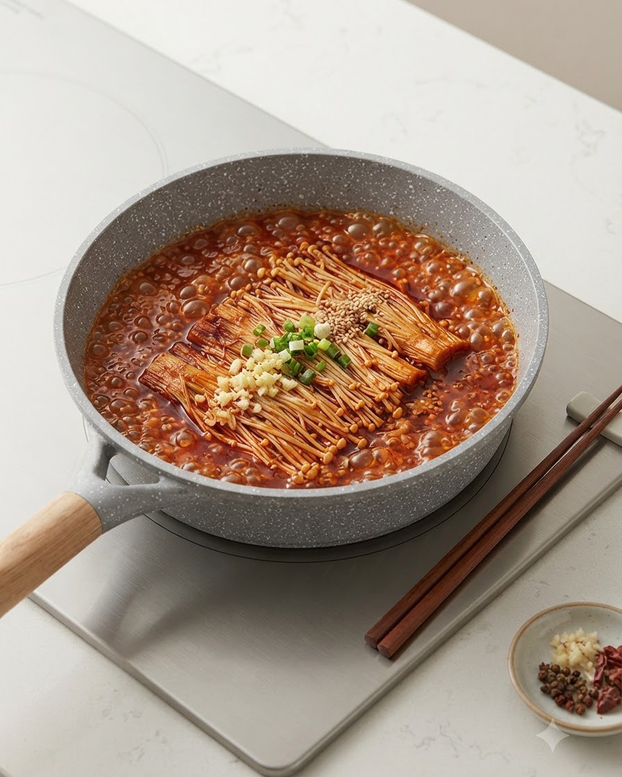 Funghi enoki, aglio tritato e semi di sesamo posti al centro di una padella con brodo rosso bollente.
