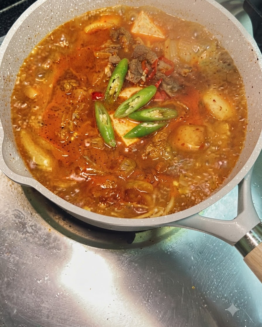 Peperoncini verdi e rossi affettati che galleggiano sopra una pentola ribollente di zuppa di kimchi e manzo.