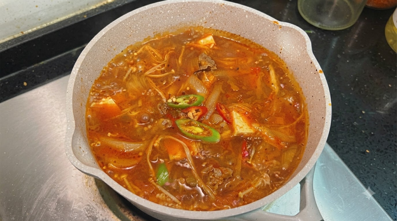 Zuppa piccante di manzo, tofu e kimchi
