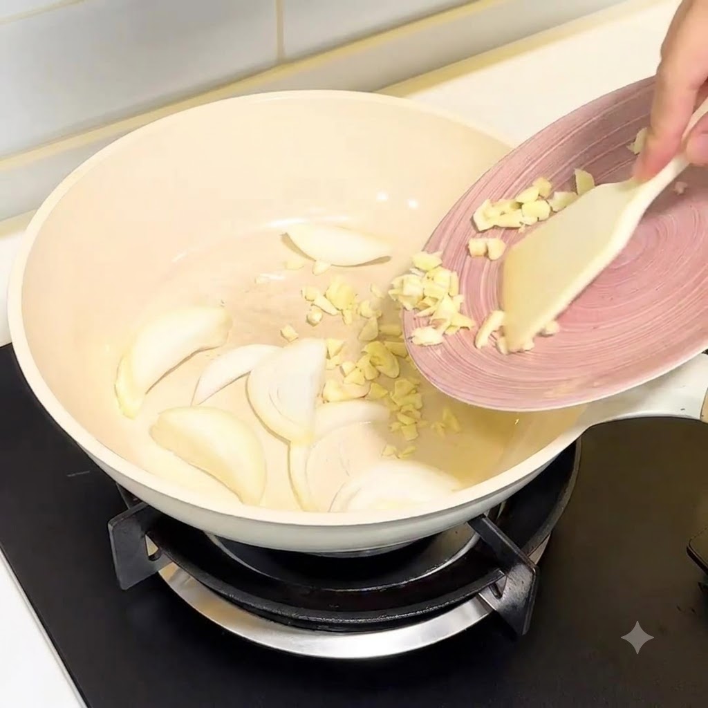 Aglio tritato e cipolle affettate versati in una padella bianca.