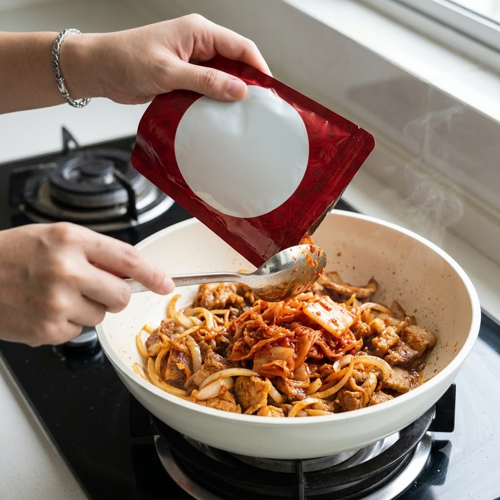 Kimchi versato da una busta rossa nella padella.