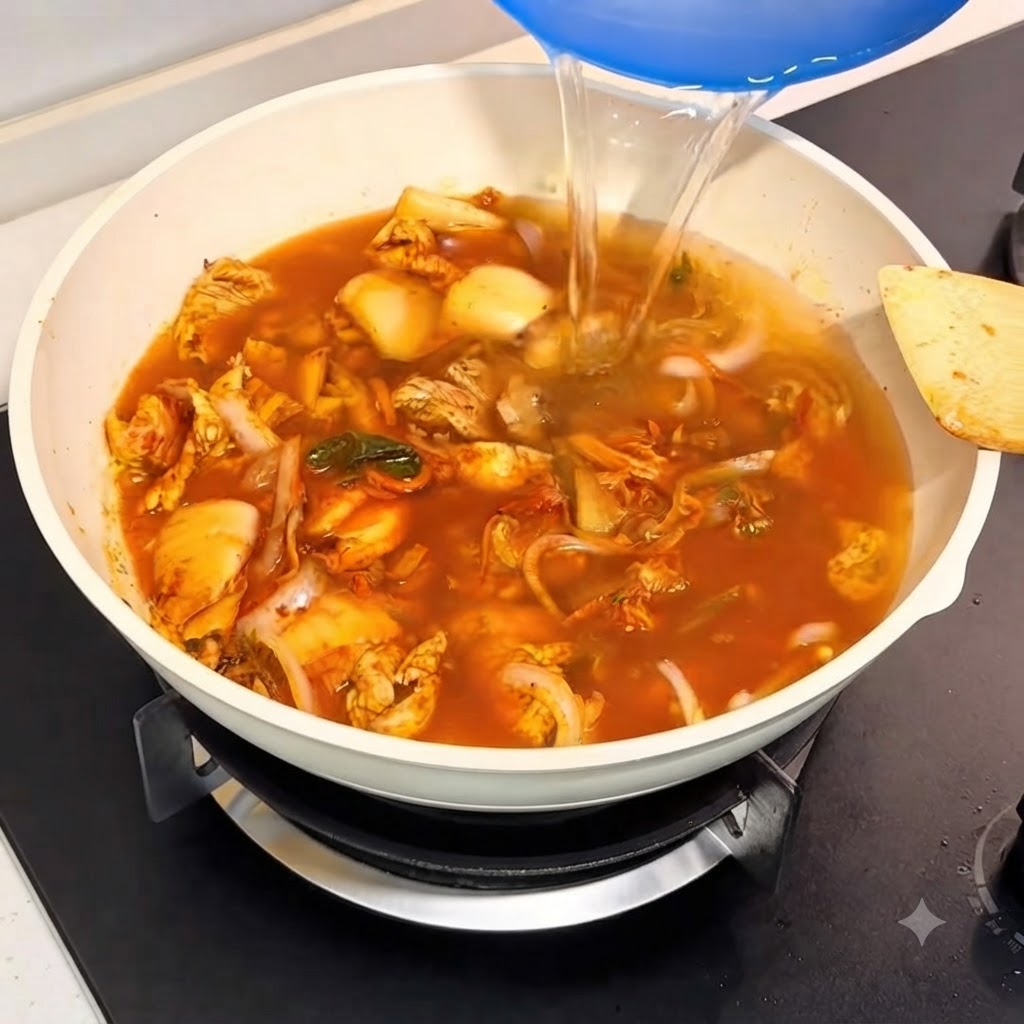 Acqua versata da un contenitore blu nella padella contenente gli ingredienti saltati.