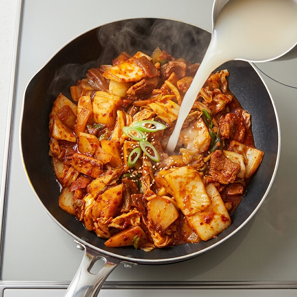 Acqua di riso versata nella padella bollente sopra il kimchi e la carne.