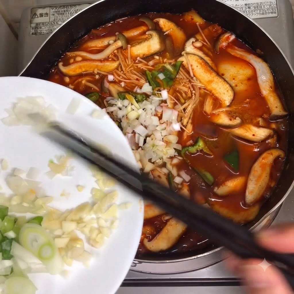 Aglio tritato e cipollotti versati da un piatto bianco in una pentola di zuppa bollente usando le bacchette.