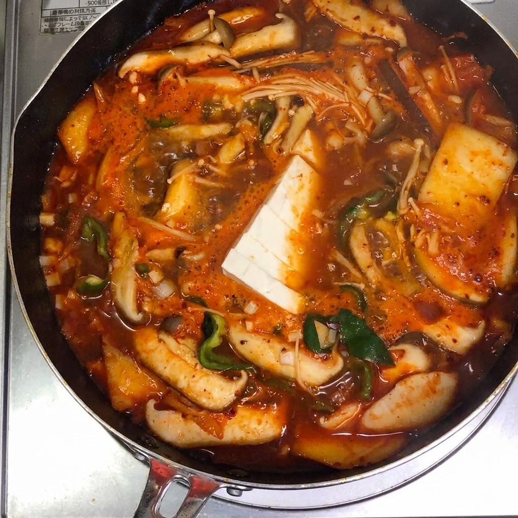 Fette di tofu bianco fermo posizionate con cura al centro di una pentola di zuppa rossa di kimchi bollente.