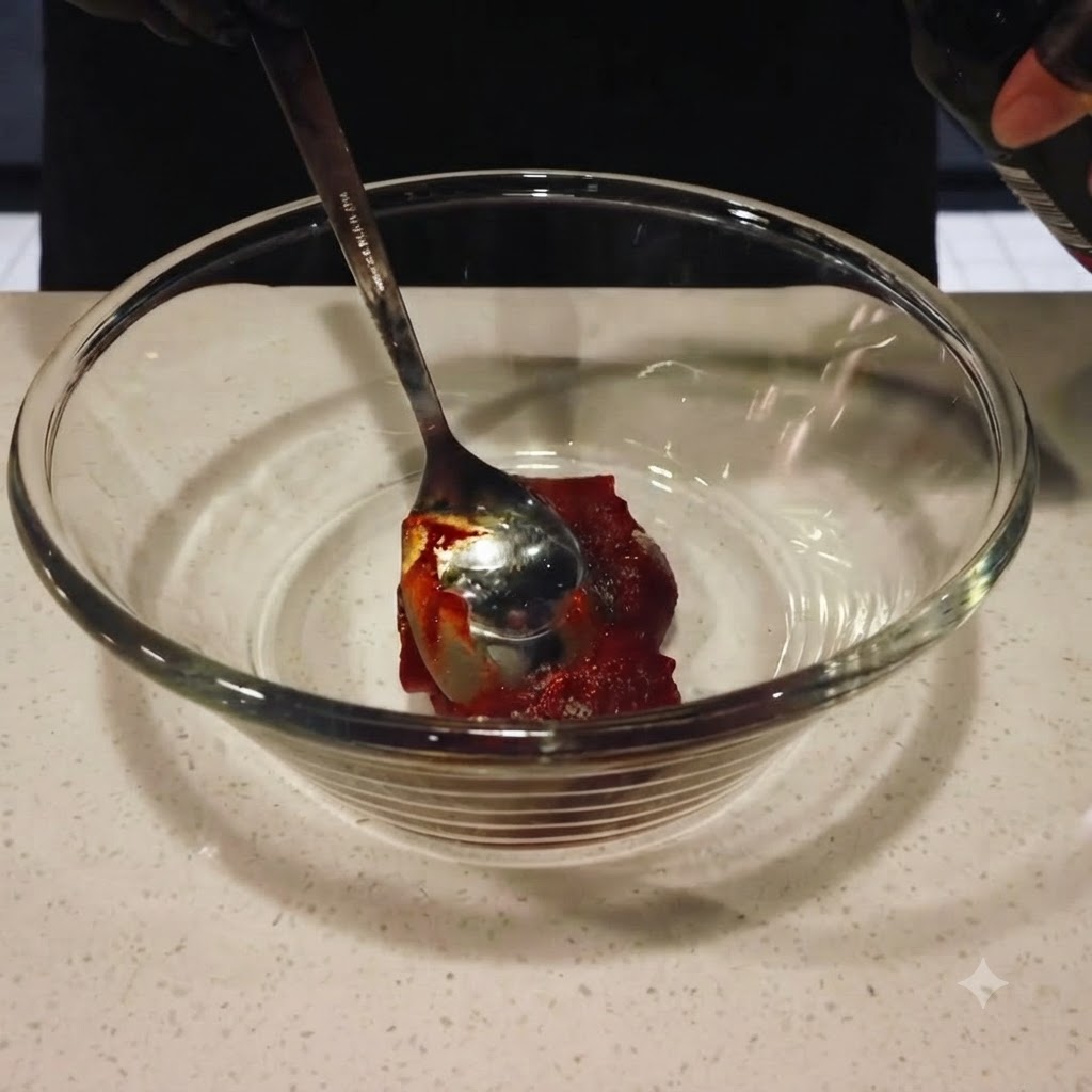 Salsa di soia scura versata da una bottiglia nella ciotola di vetro contenente la pasta di peperoncino rosso.