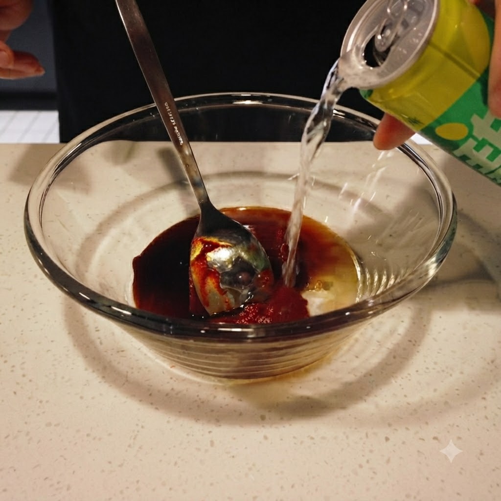 Sprite versata da una lattina nella ciotola di vetro con il composto di salsa.