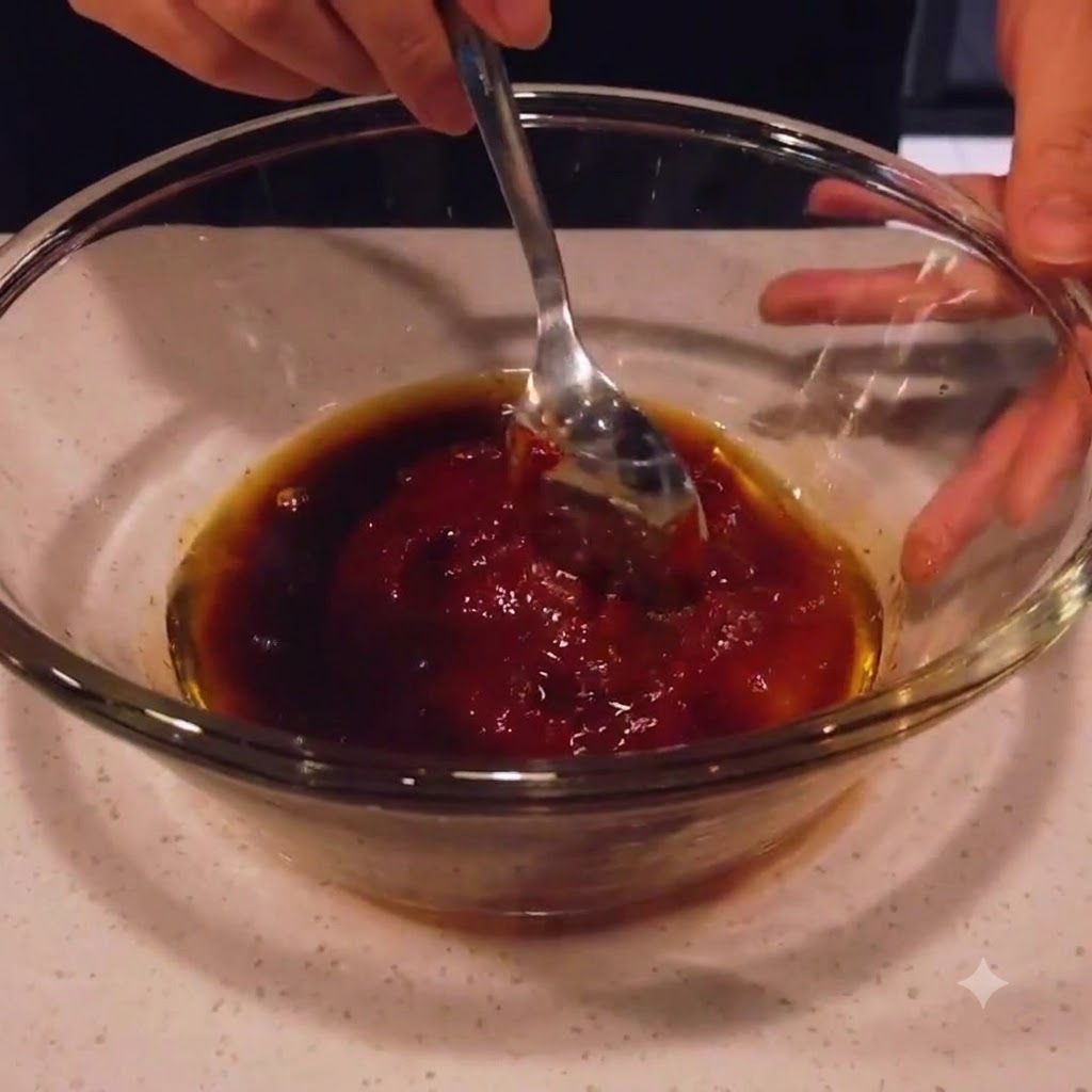 Gli ingredienti della salsa mescolati accuratamente con un cucchiaio nella ciotola di vetro.