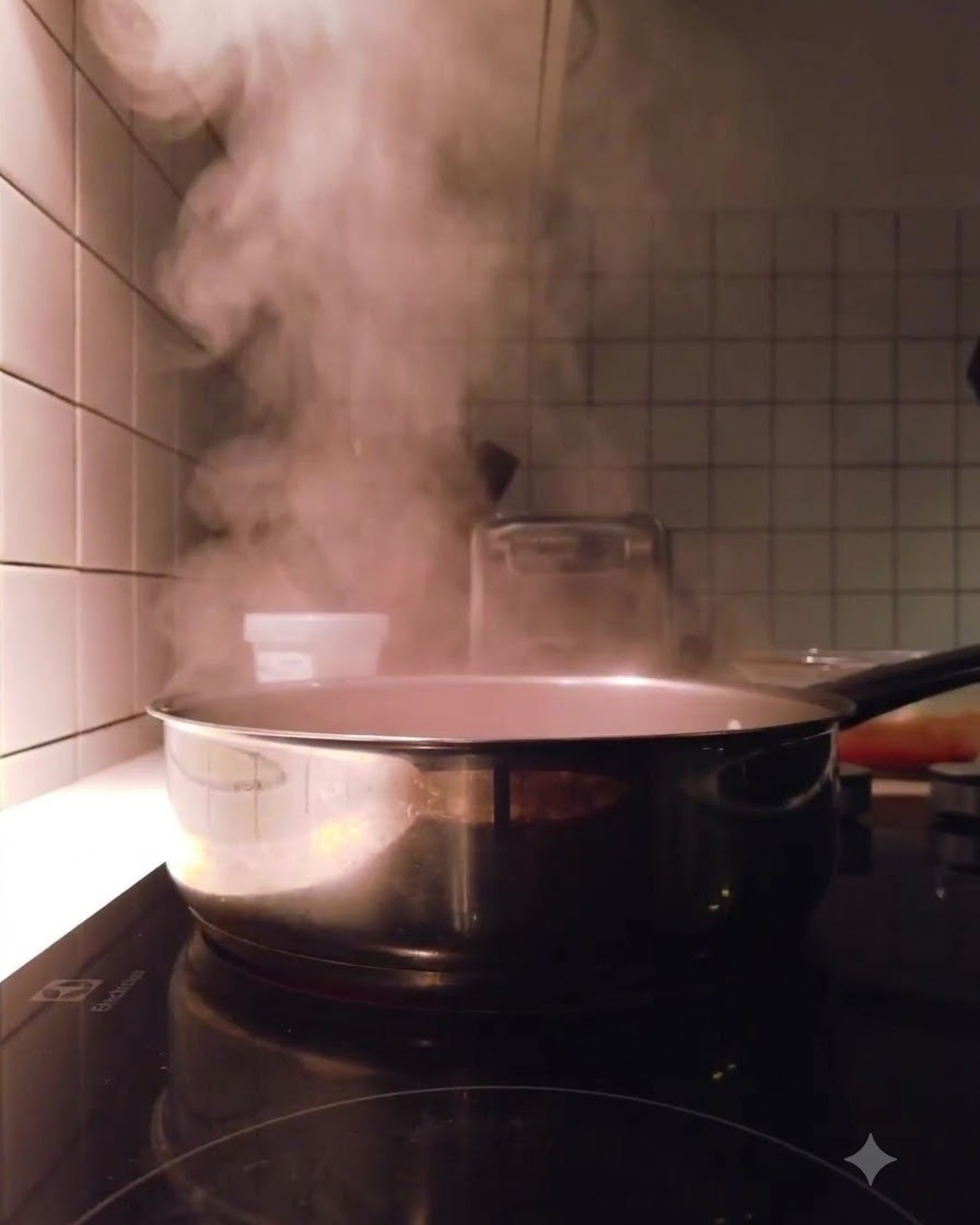Una confezione di kimchi svuotata in una pentola di acqua bollente sul fuoco.