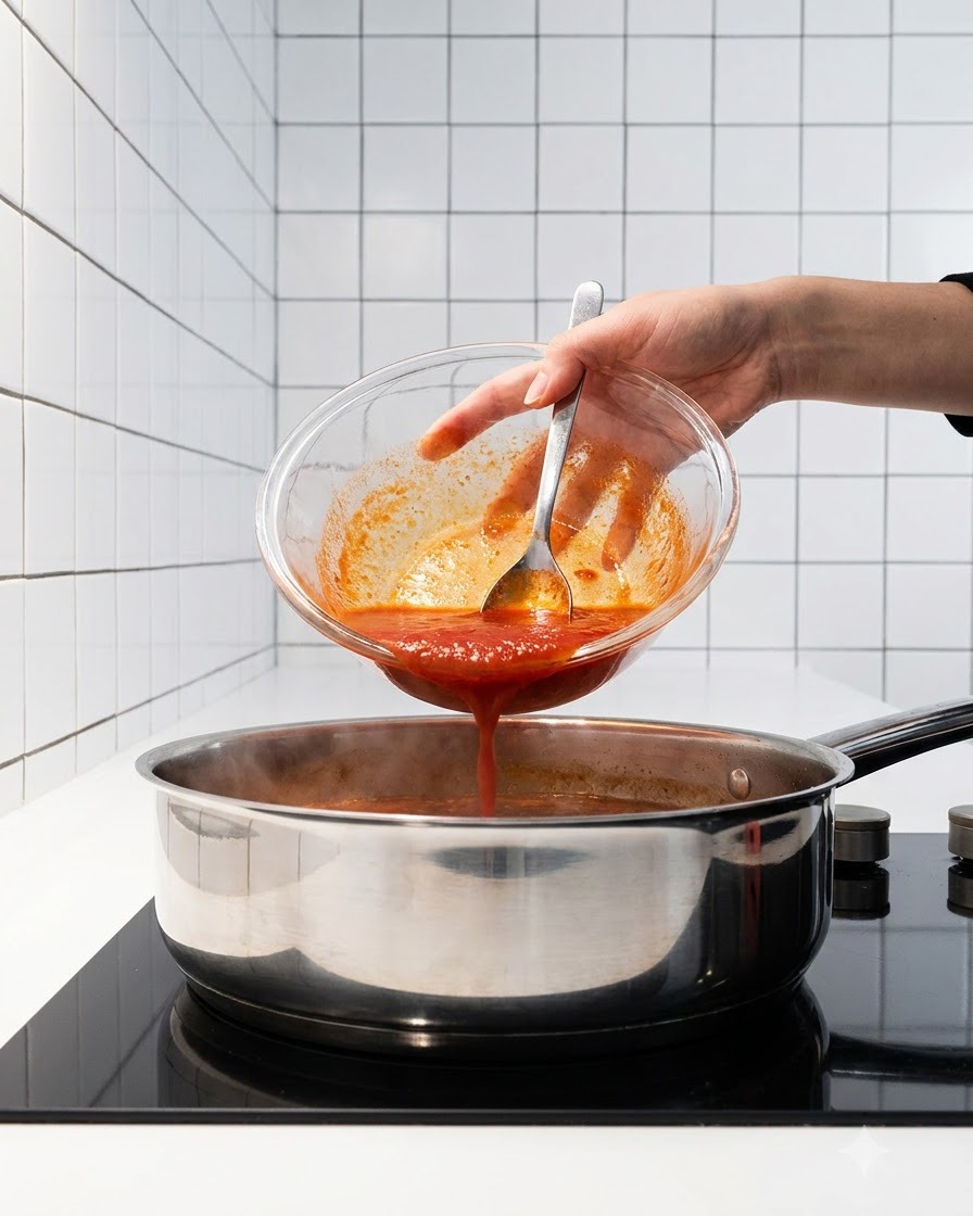 Il composto di salsa preparato versato da una ciotola di vetro nella pentola con lacqua di kimchi bollente.