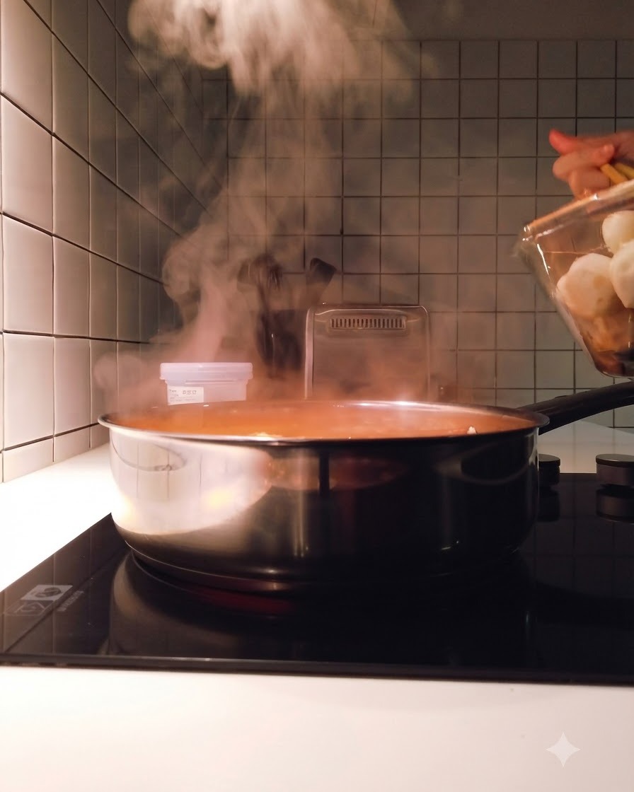 Polpette di tendine di manzo, polpette di pesce e gnocchi di riso al formaggio aggiunti con le bacchette in una pentola di brodo bollente.