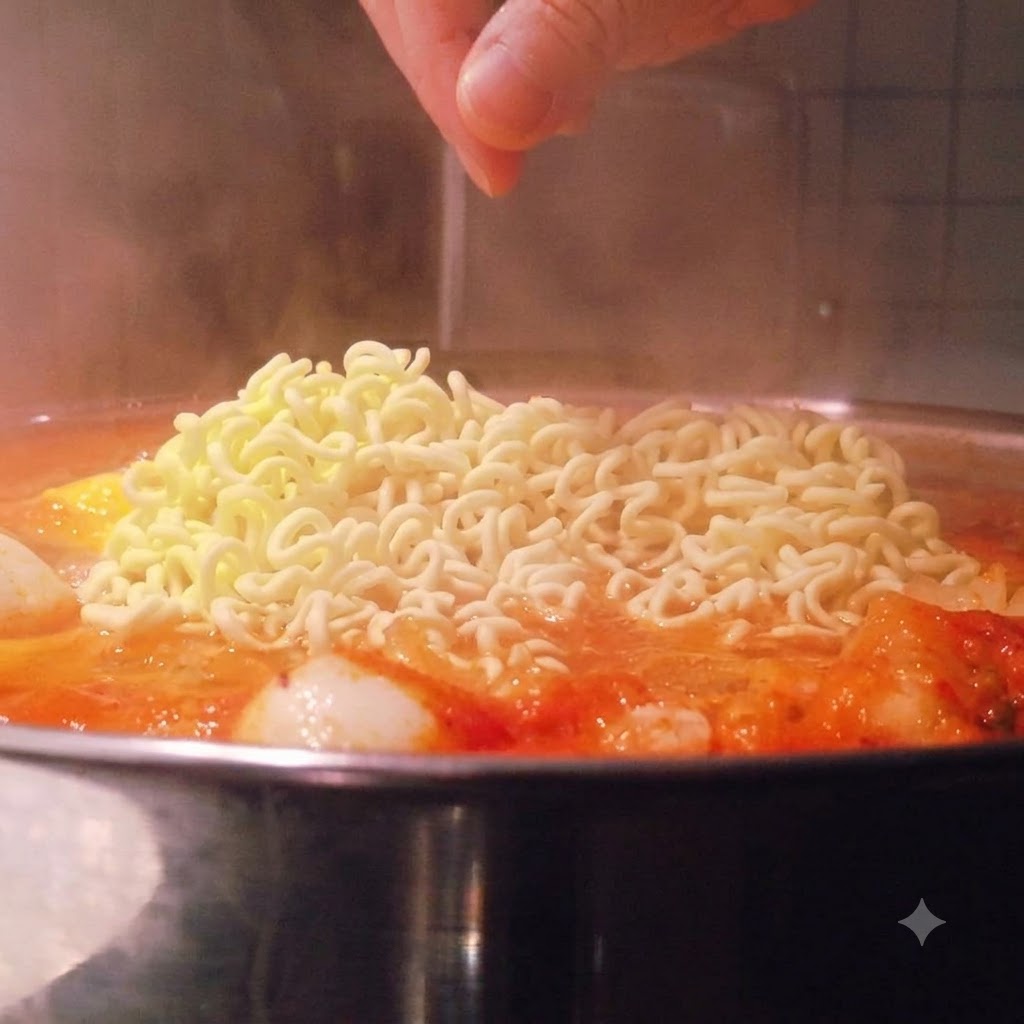Un blocco di noodles ramen istantanei posizionato nella pentola di zuppa rossa che sobbolle.