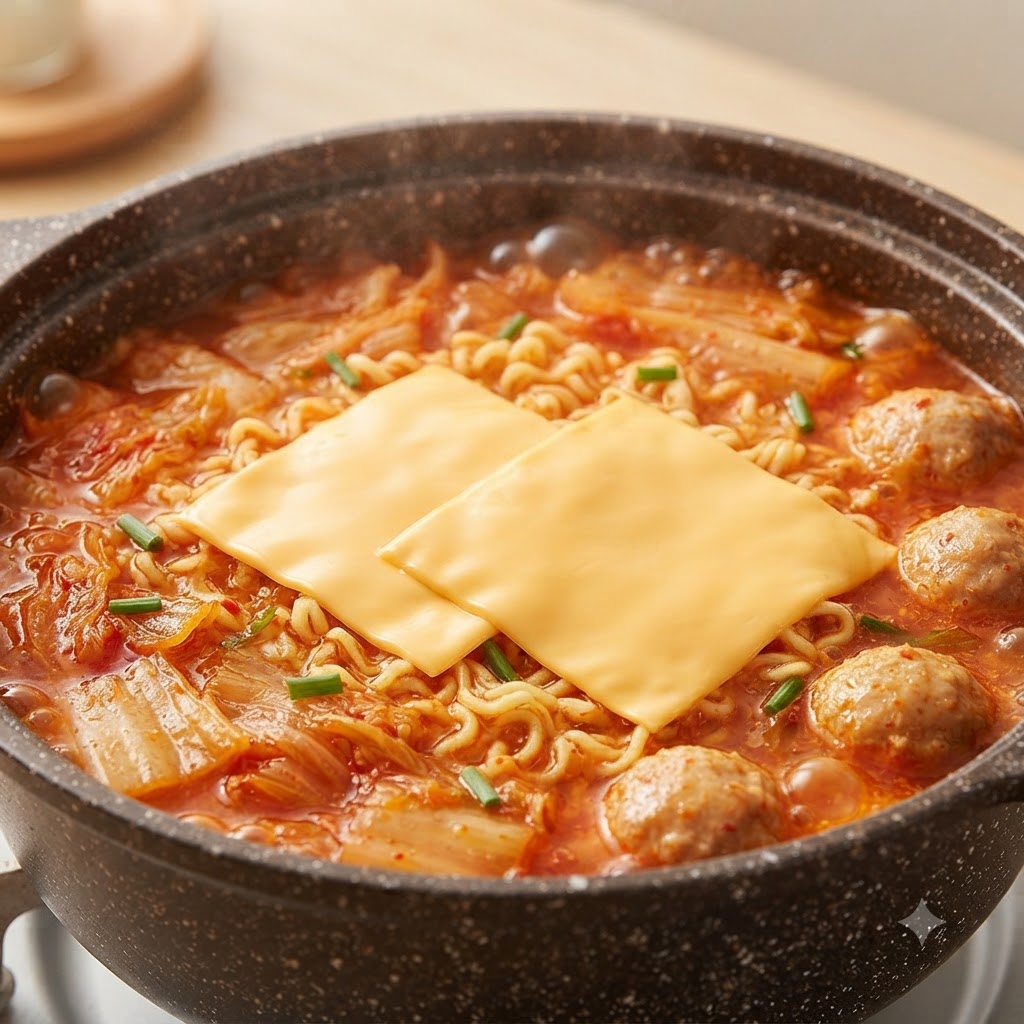 Due fette di formaggio posizionate sopra i noodles ramen in cottura nella pentola.