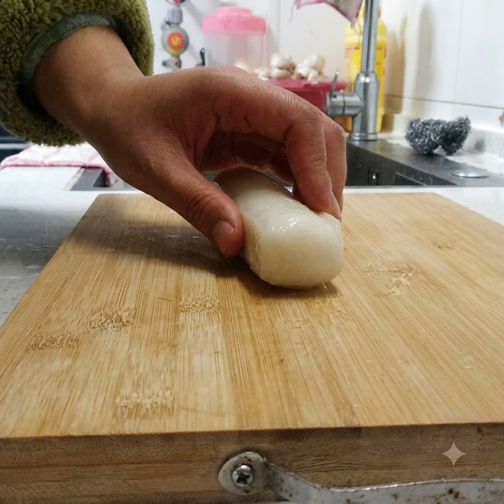Una vista ravvicinata di una grande torta di riso tagliata a fette uniformi su un tagliere di legno con un grosso coltello da cucina.