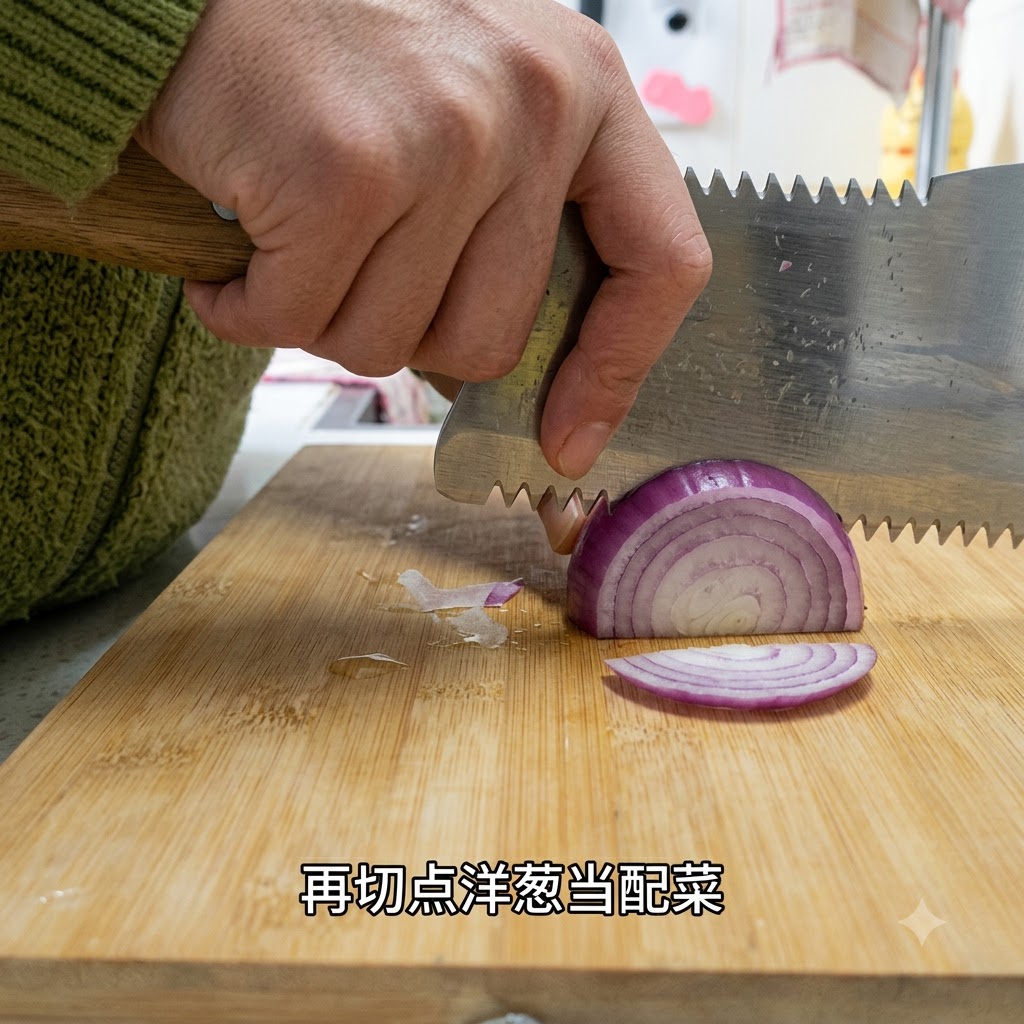 Una cipolla rossa tagliata a fettine sottili su un tagliere di legno con un coltello.