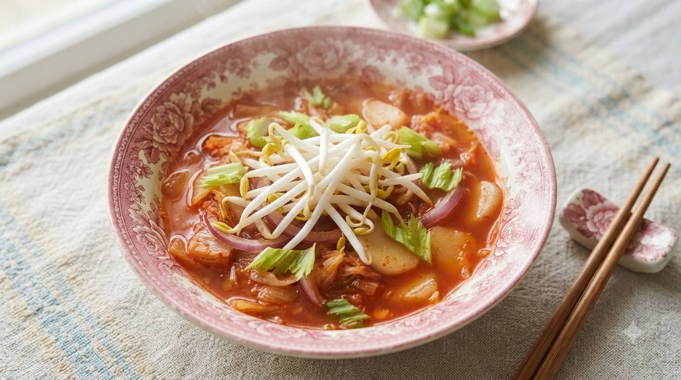 Zuppa piccante di torta di riso al kimchi (Tteokguk)