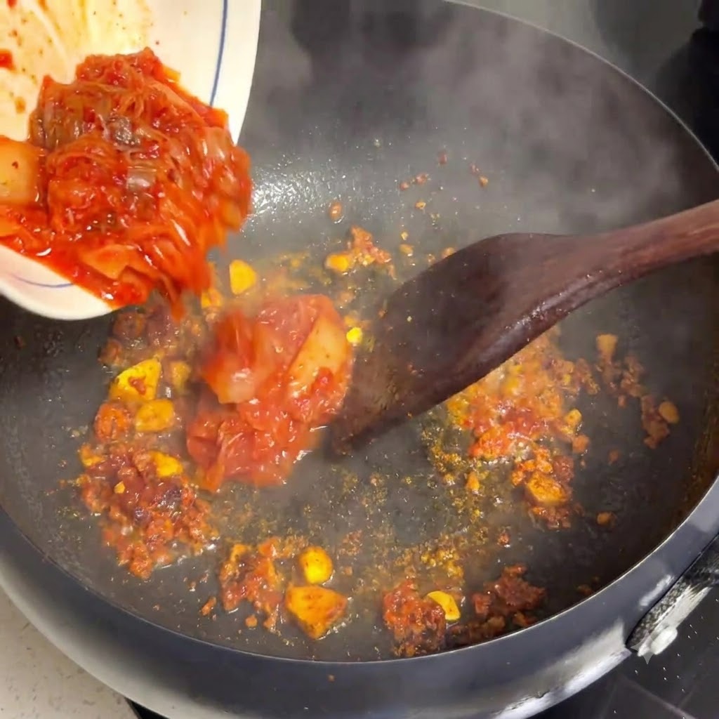 Manzo crudo affettato sottilmente aggiunto in padella con pomodori e cipolle.