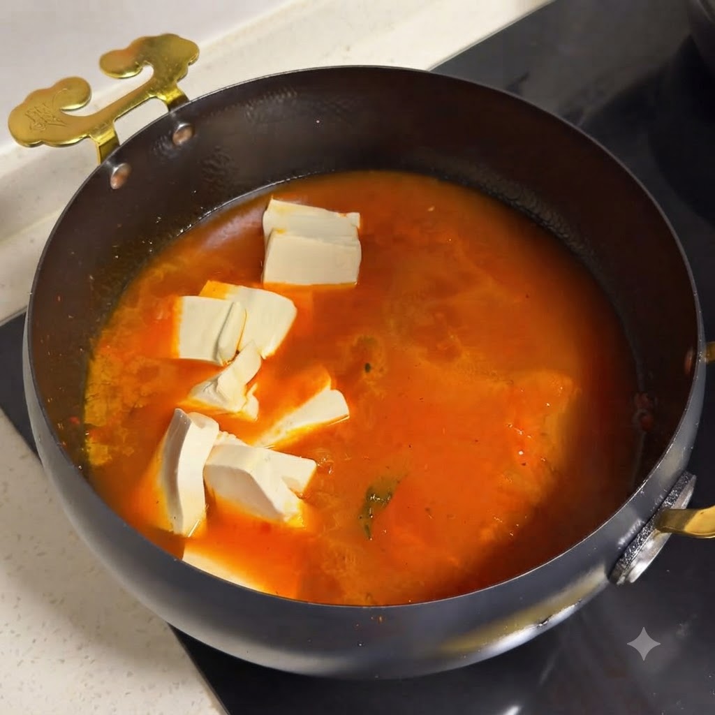 Salsa scura saporita versata in padella con manzo e pomodori.