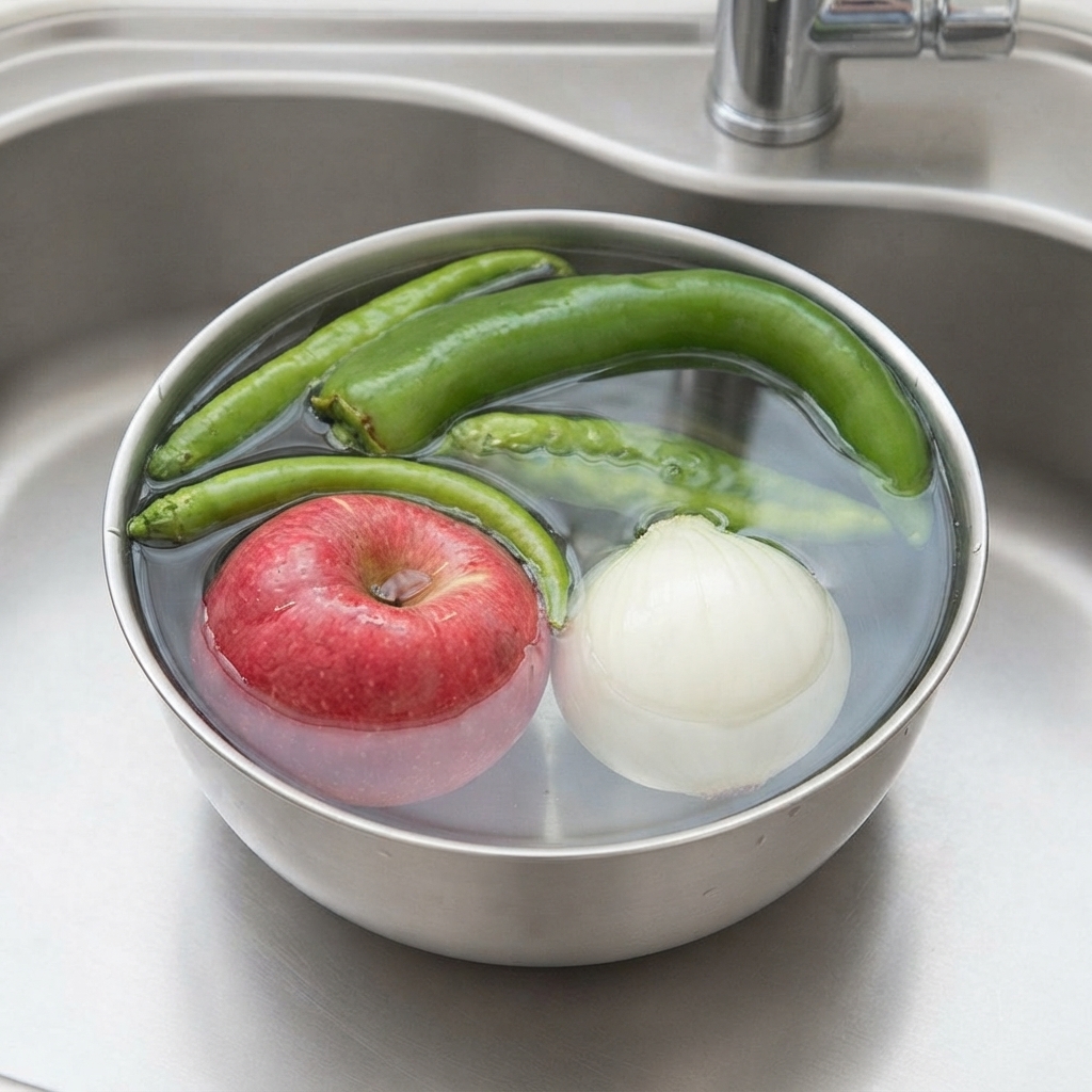 Peperoni verdi, una mela e una cipolla immersi in una ciotola di metallo con acqua allinterno di un lavandino.