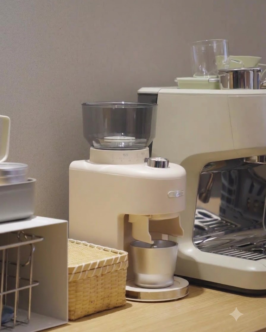 Un macinacaffè beige posizionato sul bancone della cucina accanto a una macchina per espresso.