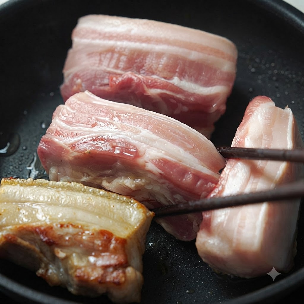 Più pezzi di pancia di maiale girati con le bacchette in una padella, con un pezzo che mostra una crosticina dorata.