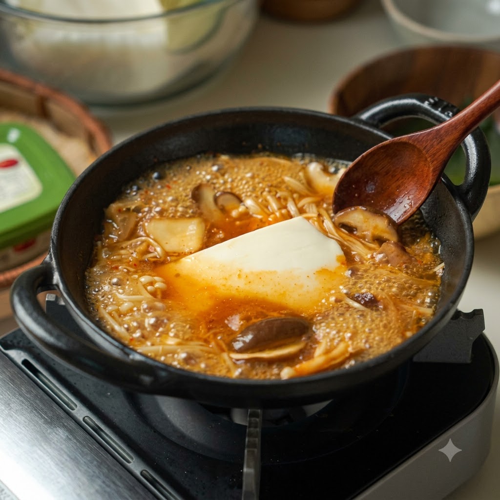 Un blocco di tofu e funghi che bollono in un brodo scuro e saporito allinterno di una pentola di ghisa.