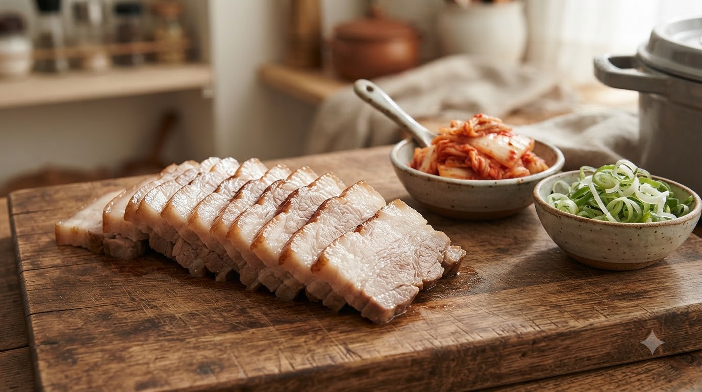 Fette di pancia di maiale bollita coreana disposte ordinatamente su un tagliere di legno con kimchi e cipollotti verdi affettati
