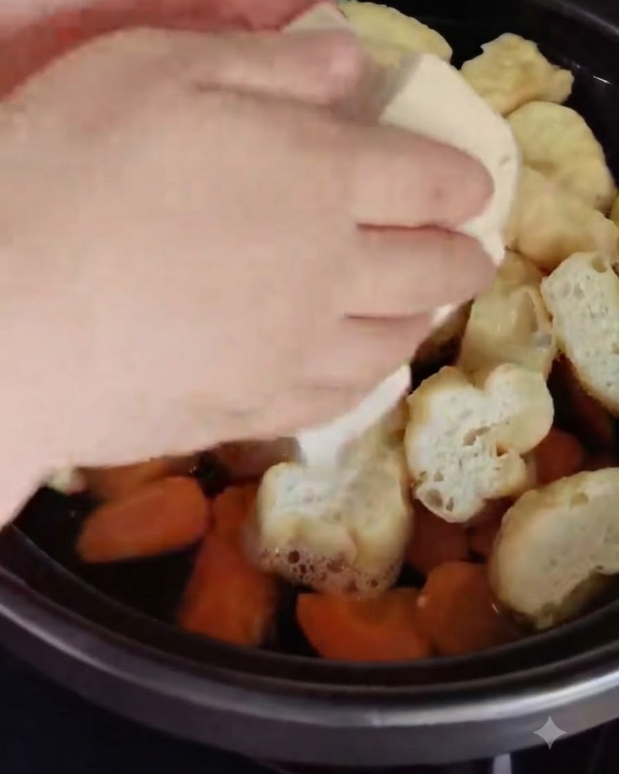 Cubetti di tofu bianco aggiunti in una pentola piena di ingredienti di cottura.