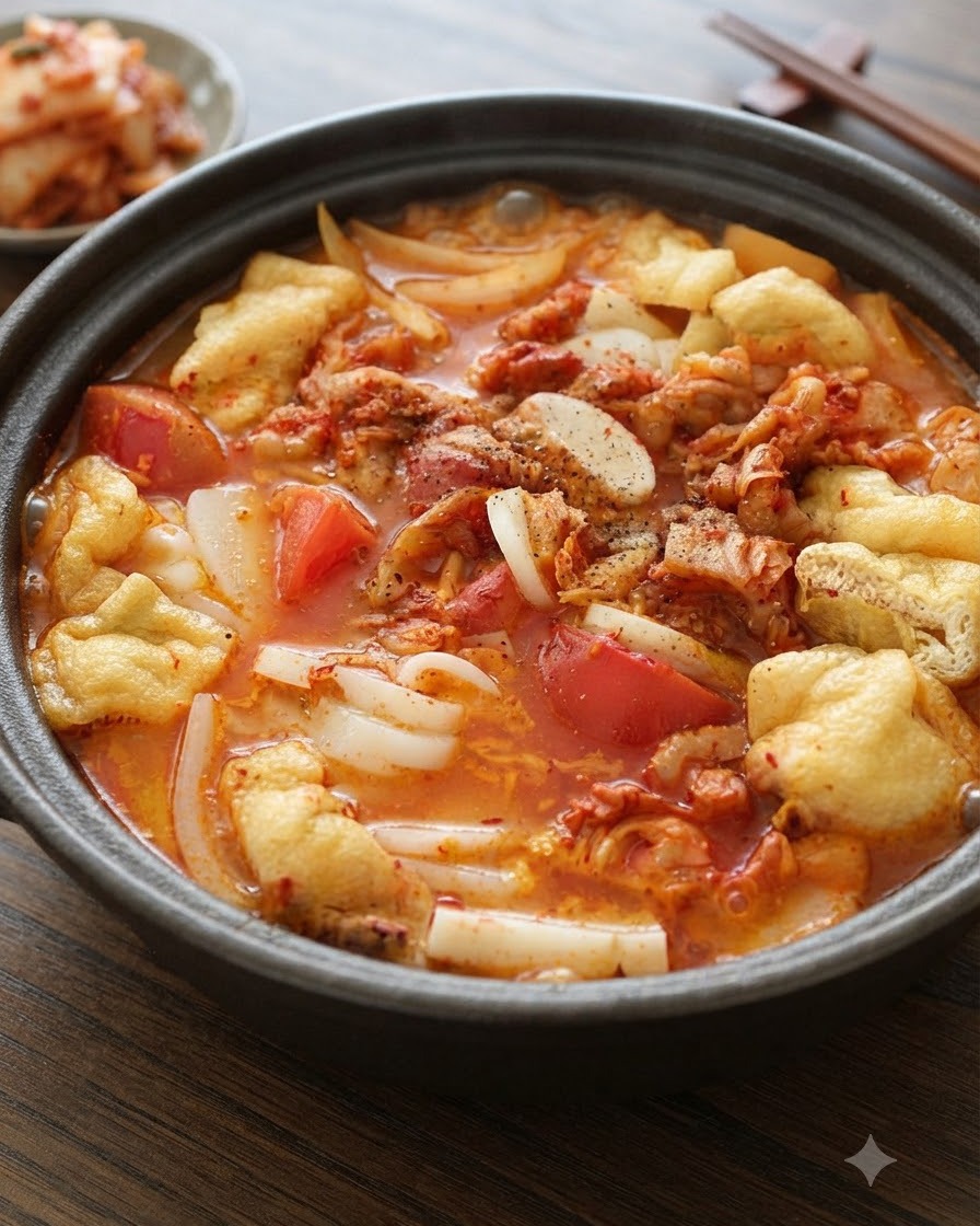 Un primo piano di pepe nero spolverato su una pentola di zuppa di kimchi che sobbolle.