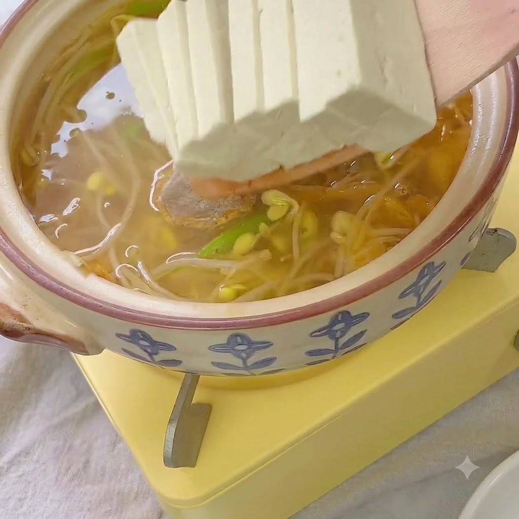 Fette di tofu solido e polpette aggiunte alla pentola di brodo.