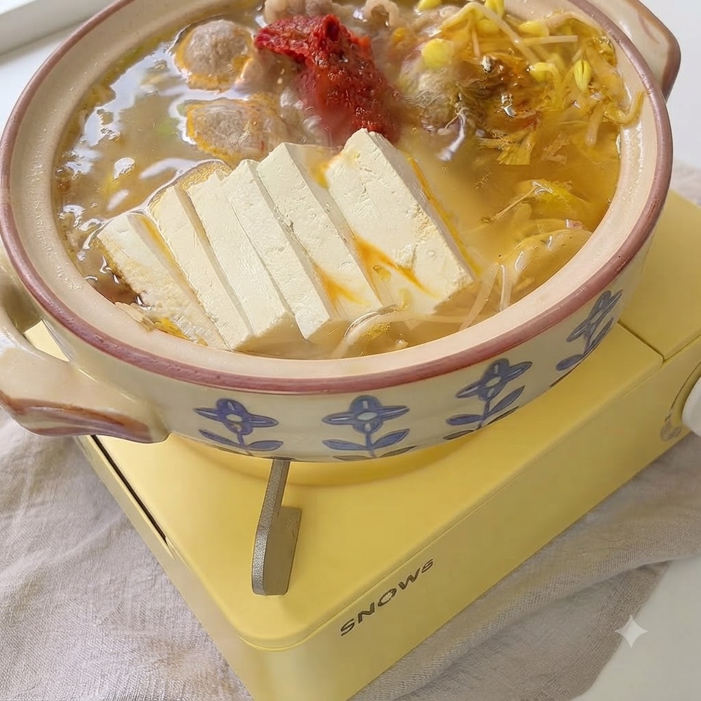 Pasta di peperoncino coreana e condimenti aggiunti alla pentola che bolle.