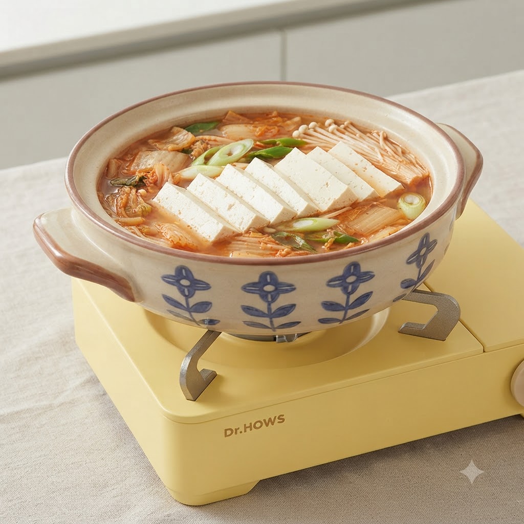 Funghi enoki freschi e ravioli congelati disposti con cura in una pentola di zuppa coreana a fuoco lento.