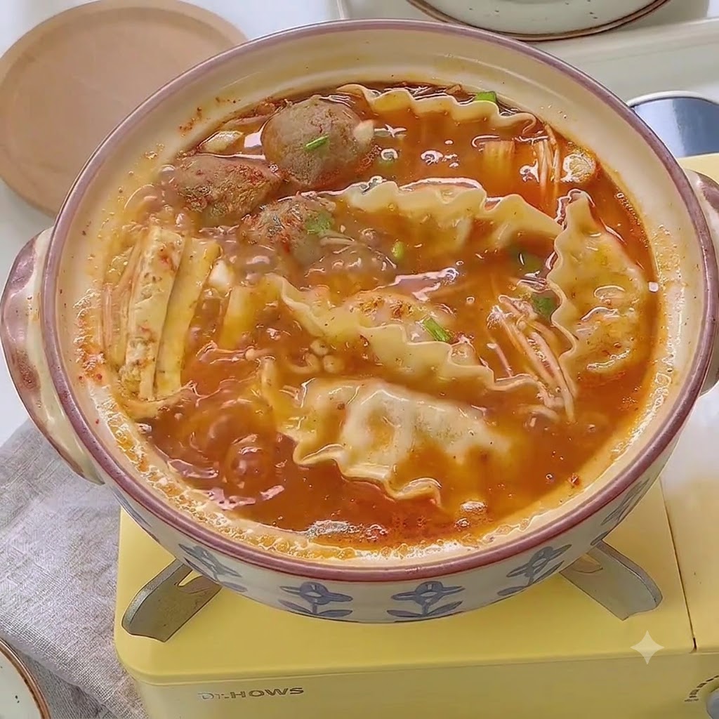Un hot pot coreano cotto guarnito con cipollotti tritati e semi di sesamo bianco.