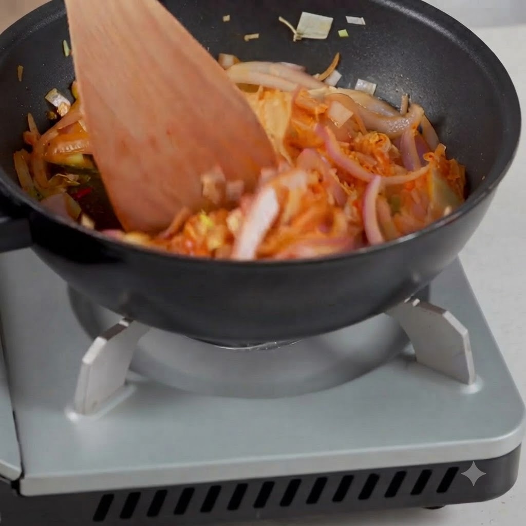 Acqua versata in una padella con kimchi saltato e cipolle affettate.