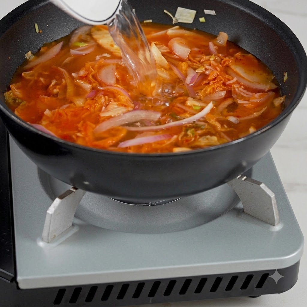 Mezzo cucchiaio di zucchero semolato aggiunto alla zuppa bollente con un cucchiaio.