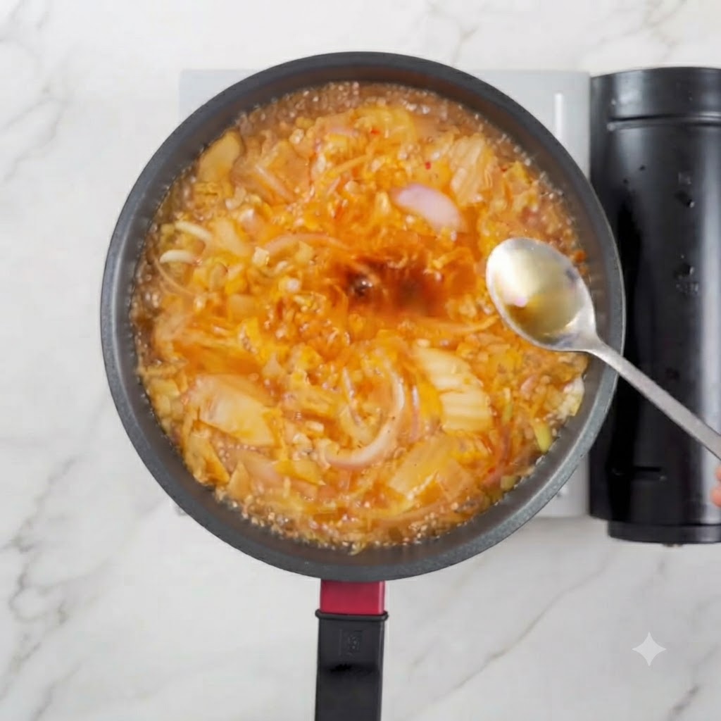 Un cucchiaio di olio di sesamo versato in una pentola di zuppa di kimchi in ebollizione.