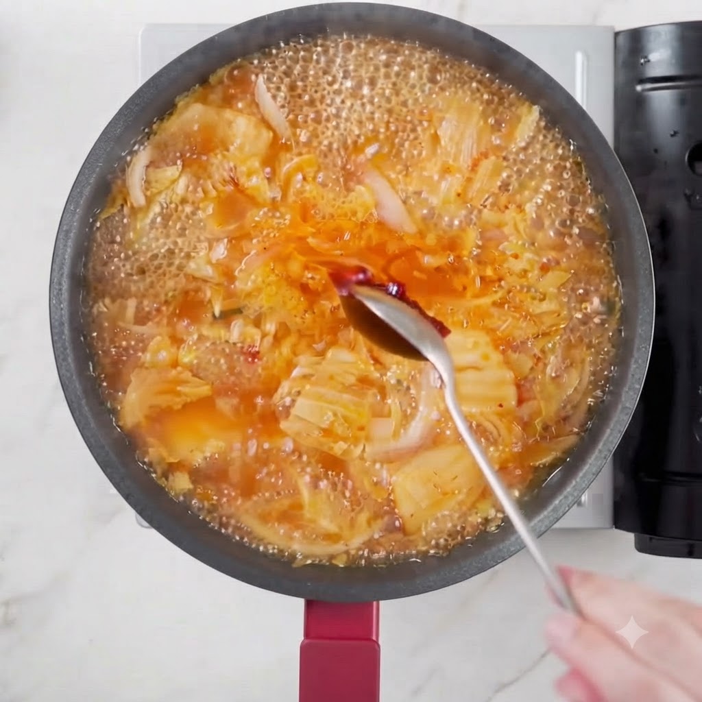Pasta piccante coreana su un cucchiaio aggiunta al brodo in ebollizione.