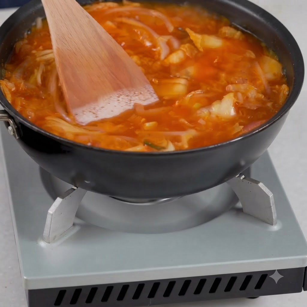 Ingredienti della zuppa e condimenti mescolati insieme in una padella usando una spatola di legno.